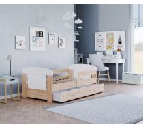 Bērnu gulta Filip Color 80x140 ar stelāžu Guļamvietas platums: 80 cm, Guļamvietas garums: 140 cm, Platums: 85 cm, Garums: 143 cm, Augstums: 63 cm, Ar resti: 1, Ar barjeru: 1, Ar veļas kasti: 1, Virsma: Matēta, Guļamvietu skaits: 1, stelāžas tips: koka, Korpusa krāsa: balts, Elementu krāsa: sonoma, Izgatavošanas materiāls: KSP