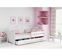Bērnu gulta Julia Kids ar stelāžu Guļamvietas platums: 80 cm, Guļamvietas garums: 160 cm, Platums: 84 cm, Garums: 163 cm, Augstums: 65 cm, Ar resti: 1, Ar barjeru: 1, Ar matraci: 1, Ar veļas kasti: 1, Virsma: Matēta, Guļamvietu skaits: 1, stelāžas tips: koka, Korpusa krāsa: balts, Elementu krāsa: rozā, Izgatavošanas materiāls: dabīgs koks + MDF