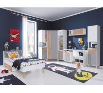 Komplekts Faro B Korpusa krāsa: balts, Elementu krāsa: pelēks + ozols artisan, Augstums: 190 cm, Guļamvietas platums: 90 cm, Guļamvietas garums: 200 cm, Elementu skaits: 7, Izgatavošanas materiāls: KSP + finieris, Virsma: Matēts, Ar skapi: 1, Ar plauktu: 1, Ar galdu: 1, Ar resti: 1