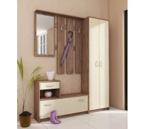 Komplekts Przedpokoj 1 Platums: 155 cm, Dziļums: 26 cm, Augstums: 190 cm, Izgatavošanas materiāls: laminēta KSP plātne, Virsma: Matēts, Ar apavu plauktu: 1, Ar skapi: 1, Ar pakaramo: 1, Krāsa: Tobaco ozols + krēma