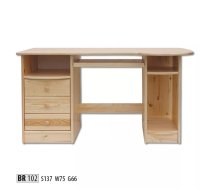 Galds BR 102 Garums: 137 cm, Augstums: 75 cm, Platums: 66 cm, Izgatavošanas materiāls: dabīgs koks (priede), Forma: taisnstūra, Plaukts sistēmas blokam: 1, Ar tastatūras plauktu: 1, Ar plauktiem: 1, Ar atvilktnēm: 1, Krāsa: priede