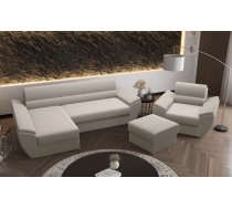 Komplekts Rebi L3+1S+P Standard Dziļums: 140 cm, Apdare: audums, Guļamvietas izmērs: 130x200 cm, Platums: 251 cm, Augstums: 88 cm, Sēdvietas augstums: 39 cm, Sēdvietas dziļums: 50 cm, Ar veļas kasti: 1, Ar krēslu: 1, Izvēlkamais dīvāns: 1, Dīvāna tips komplektā: stūra, Auduma numurs: Poso 100, Krāsa: Sudrabs