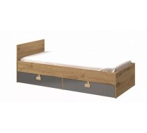 Bērnu gulta Index 14 90x200 ar stelāžu Guļamvietas platums: 90 cm, Guļamvietas garums: 200 cm, Platums: 94 cm, Garums: 203 cm, Augstums: 41 cm, Ar resti: 1, Ar matraci: 1, Ar veļas kasti: 1, Virsma: Matēta + Spīdīga, Guļamvietu skaits: 1, Korpusa krāsa: ozols, Elementu krāsa: pelēks, Izgatavošanas materiāls: KSP