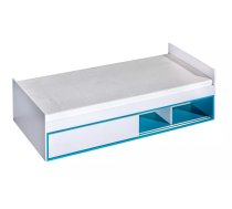 Bērnu gulta Trafiko 13 90x200 ar stelāžu Guļamvietas platums: 90 cm, Guļamvietas garums: 200 cm, Platums: 90 cm, Garums: 205 cm, Augstums: 60 cm, Ar resti: 1, Ar matraci: 1, Ar veļas kasti: 1, Guļamvietu skaits: 1, Matrača apraksts: Bonell + putas (porolons), Korpusa krāsa: balts, Elementu krāsa: tirkīzs, Izgatavošanas materiāls: KSP + finieris