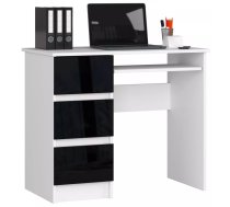 Galds A6 Gloss Left Garums: 90 cm, Augstums: 77 cm, Korpusa krāsa: balts, Platums: 50 cm, Izgatavošanas materiāls: MDF + LKSP + finieris, Elementu krāsa: melns, Forma: taisnstūra, Virsma: matēta + spīdīga, Ar tastatūras plauktu: 1, Ar plauktiem: 1, Ar atvilktnēm: 1