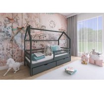 Bērnu gulta Lila ar stelāžu Guļamvietas platums: 80 cm, Guļamvietas garums: 160 cm, Platums: 86 cm, Garums: 164 cm, Augstums: 148 cm, Augstums no grīdas līdz matracim: 22 cm, Ar resti: 1, Ar barjeru: 1, Ar veļas kasti: 1, Guļamvietu skaits: 1, stelāžas tips: koka, Izgatavošanas materiāls: dabīgs koks (priede), Maksimālais noslogojums: 100 kg, Krāsa: grafīts