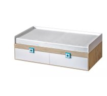 Bērnu gulta Nico 14 90x200 ar stelāžu Guļamvietas platums: 90 cm, Guļamvietas garums: 200 cm, Platums: 94 cm, Garums: 204 cm, Augstums: 64 cm, Matrača nepieciešamais augstums: 15 cm, Ar resti: 1, Ar matraci: 1, Ar veļas kasti: 1, Guļamvietu skaits: 1, Matrača apraksts: Bonell + putas (porolons), Korpusa krāsa: ozols + balts, Elementu krāsa: tirkīzs, Izgatavošanas materiāls: KSP + finieris