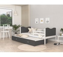 Bērnu gulta Max P2 MDF 80x190 ar stelāžām Guļamvietas platums: 80 cm, Guļamvietas garums: 190 cm, Platums: 86 cm, Garums: 198 cm, Augstums: 74 cm, Ar resti: 1, Ar barjeru: 1, Virsma: Matēta, Guļamvietu skaits: 2, Korpusa krāsa: balts, Elementu krāsa: pelēks, Izgatavošanas materiāls: MDF plātne