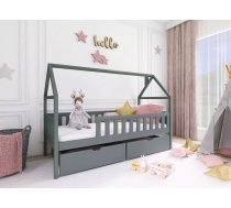 Bērnu gulta Domi Lux ar stelāžu Guļamvietas platums: 80 cm, Guļamvietas garums: 200 cm, Platums: 87 cm, Garums: 208 cm, Augstums: 169 cm, Augstums no grīdas līdz matracim: 35 cm, Ar resti: 1, Ar barjeru: 1, Ar veļas kasti: 1, Guļamvietu skaits: 1, stelāžas tips: koka, Izgatavošanas materiāls: dabīgs koks (priede), Maksimālais noslogojums: 100 kg, Krāsa: grafīts