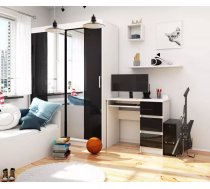 Galds A6 Gloss Right Garums: 90 cm, Augstums: 77 cm, Korpusa krāsa: balts, Platums: 50 cm, Izgatavošanas materiāls: MDF + LKSP + finieris, Elementu krāsa: melns, Forma: taisnstūra, Virsma: matēta + spīdīga, Ar tastatūras plauktu: 1, Ar plauktiem: 1, Ar atvilktnēm: 1