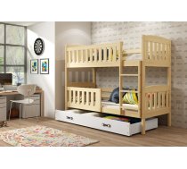 Bērnu gulta Kubus Bunk Pine ar stelāžām Guļamvietas platums: 90 cm, Guļamvietas garums: 200 cm, Platums: 97 cm, Garums: 206 cm, Augstums: 154 cm, Ar resti: 1, Ar barjeru: 1, Ar matraci: 1, Ar veļas kasti: 1, Guļamvietu skaits: 2, Matrača apraksts: Putas (porolons), Korpusa krāsa: Priede, Elementu krāsa: Balts, Izgatavošanas materiāls: dabīgs koks (priede)