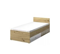Bērnu gulta Nero 14 gloss 90x200 ar stelāžu Guļamvietas platums: 90 cm, Guļamvietas garums: 200 cm, Platums: 94 cm, Garums: 203 cm, Augstums: 41 cm, Ar resti: 1, Ar matraci: 1, Ar veļas kasti: 1, Virsma: Matēta + Spīdīga, Guļamvietu skaits: 1, Korpusa krāsa: balts + ozols artisan, Elementu krāsa: Balts, Izgatavošanas materiāls: KSP + finieris