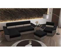 Komplekts Rebi L3+1S+P Standard Dziļums: 140 cm, Apdare: audums, Guļamvietas izmērs: 130x200 cm, Platums: 251 cm, Augstums: 88 cm, Sēdvietas augstums: 39 cm, Sēdvietas dziļums: 50 cm, Ar veļas kasti: 1, Ar krēslu: 1, Izvēlkamais dīvāns: 1, Dīvāna tips komplektā: stūra, Auduma numurs: Rainbow 15 + 83, Krāsa: melns + pelēks