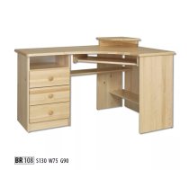Galds BR 108 Garums: 130 cm, Augstums: 75 cm, Platums: 90 cm, Izgatavošanas materiāls: dabīgs koks (priede), Forma: stūra, Plaukts sistēmas blokam: 1, Ar tastatūras plauktu: 1, Ar plauktiem: 1, Ar atvilktnēm: 1, Krāsa: priede