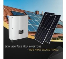 KOMPLEKTS 3 KW vienfāzes tīkla invertors. "Sadales Tīklā" reģistrēts kā V-TAC Exports Limited VT-6603105, Piecu gadu garantija. IP66 un 8gb 410W Saules paneļi ar 10 gadu garantiju,     31.46V,izmērs 1722x1134x35mm,21.5kg, 1m kabelis, V-TAC