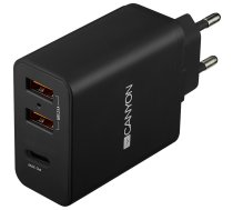 CANYON H-08, Universal 3xUSB AC charger (in wall) with over-voltage protection(1 USB-C with PD Quick Charger), Input 100V-240V, Output USB-A/5V-2.4A+USB-C/PD30W, with Smart IC, Black Glossy Color+orange plastic part of USB, 96.8*52.48*28.5mm, 0.092kg (CNE