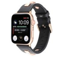 Genuine Leather Watchband with Rose Gold Fastener priekš Apple Watch 42 / 44 / 45 mm / Ultra 49 mm - Melns - dabīgās ādas siksniņa priekš pulksteņiem ar     saspraudi