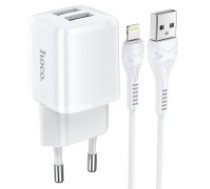 Hoco N8 2xUSB 2.4A / 12W Travel Charger with USB to Lightning Cable - Balts - USB tīkla lādētājs ar USB uz Lightning vadu