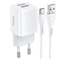 Hoco N8 2xUSB 2.4A / 12W Travel Charger with USB to Type-C Cable - Balts - USB tīkla lādētājs ar USB uz USB-C vadu