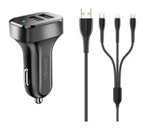 Usams U32 automašīnas lādētājs | 10,5W | USB-A, Micro USB, USB-C, Lightning | ar USB-A līdz Micro USB, USB-C, Lightning kabeli iekļauts | melns