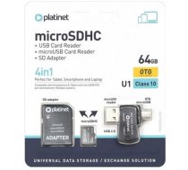 4 in1 MicroSDHC karte 64GB adapters,  USB lasītājs.MicroUSB lasītājs Platinet PMMSD64CR4