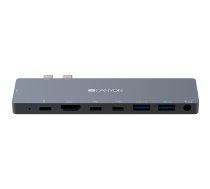 CANYON  DS-8 Multiport Docking Station with 8 port, 1*Type C PD100W+2*Type C data+2*HDMI+2*USB3.0+1*Audio. Input 100-240V, Output USB-C PD100W&USB-A 5V/1A, Aluminium alloy, Space gray, 135*48*10mm, 0.056kg | CNS-TDS08DG  | 5291485006136