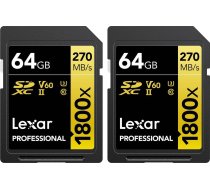Karta Lexar Professional 1800x SDXC 64 GB + 64 GB Class 10 UHS-II/U3 V60 (LSD1800064G-B2NNU) | LSD1800064G-B2NNU  | 843367126972