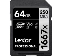 Atmiņas karte LEXAR Pro 1667X SDXC UHS-II U3 (V60) R250/W120 64Gb