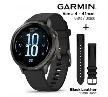 GARMIN Venu 4 - 41mm, Slate / Black Silicone + Black Leather / Brushed Slate Hardware Band sporta pulkstenis