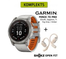 GARMIN fēnix 7X Pro Sapphire Solar, Titanium Fog Gray / Ember Orange + Shokz Open Fit Beige sporta pulkstenis