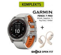 GARMIN fēnix 7 Pro Sapphire Solar, Titanium Fog Gray/Ember Orange + Shokz Open Fit Beige sporta pulkstenis