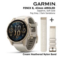 GARMIN Fenix 8 43 mm, AMOLED, Sapphire Soft Gold + Cream Heathered Nylon Band sporta pulkstenis