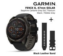 GARMIN Fenix 8 47 mm, Solar, Sapphire Carbon + Black Leather Watch Band, QuickFit 22mm sporta pulkstenis