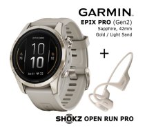 GARMIN epix Pro (Gen 2) Sapphire, 42 mm Soft Gold, light sand  + Shokz Open Run Pro Beige sporta pulkstenis