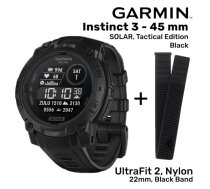 GARMIN Instinct 3 - 45 mm, Solar, Tactical Black + UltraFit 2, Nylon, 22mm, Black Band sporta pulkstenis