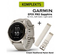 GARMIN epix Pro (Gen 2) Sapphire, 42 mm Soft Gold Stainless Steel with light sand + Cream Heather sporta pulkstenis