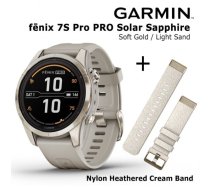 GARMIN fēnix 7S Pro Sapphire Solar, Soft Gold Stainless Steel with Light Sand + Cream Heathered N sporta pulkstenis