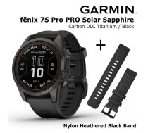 GARMIN fēnix 7S Pro, Sapphire Solar, Carbon Gray DLC Titanium with Black + Heathered Black Nylon sporta pulkstenis