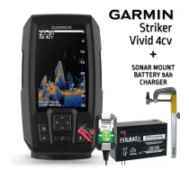 GARMIN STRIKER VIVID 4CV AR GT20-TM SONĀRU + AKUMULATORS 13AH 12V + LĀDĒTĀJS + SONĀRA STIPRINĀJUM eholote
