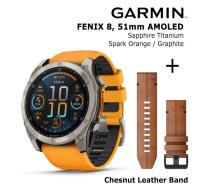 GARMIN Fenix 8 51 mm, AMOLED, Sapphire Titanium + Chesnut Leather Band sporta pulkstenis