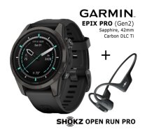 GARMIN epix Pro (Gen 2) Sapphire 42mm Carbon Gray DLC titanium black + Shokz Open Run Pro Black sporta pulkstenis