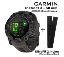 GARMIN Instinct 3 - 50 mm, AMOLED, Black/Charcoal + UltraFit 2, Nylon, 26mm, Black sporta pulkstenis