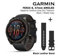 GARMIN Fenix 8 47 mm, AMOLED, Sapphire Carbon + Black Leather Watch Band, QuickFit 22mm sporta pulkstenis