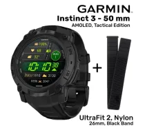 GARMIN Instinct 3 – 50 mm, AMOLED, Tactical Edition + UltraFit 2, Nylon, 26mm, Black Band sporta pulkstenis