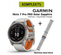 GARMIN fēnix 7 Pro Sapphire Solar, Titanium with Fog Gray/Ember Orange + Stainless Steel Band sporta pulkstenis