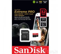 SANDISK Extreme Pro microSDHC 32GB + SD Adapter + Rescue Pro Deluxe 100MB/s A1 C10 V30 UHS-I U3 atmiņas karte