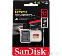 SANDISK Extreme microSDXC 64GB + SD Adapter + Rescue Pro Deluxe 160MB/s A2 C10 V30 UHS-I U3; EAN atmiņas karte