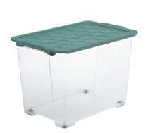 Uzglabāšanas kaste ar riteņiem, pārtikai-paredzēts uzglabāšanai-rotaļlietām Rotho, 65 l, caurspīdīga krās.-zaļa krās., 58.3 x