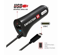 Swissten Premium Auto Lādētājs 12 / 24V / 2.4A + iebūvēts USB-C Datu Kabelis 1m | SW-CCH-2.4ATYPCIN-B  | 8595217451865 | SW-CCH-2.4ATYPCIN-B