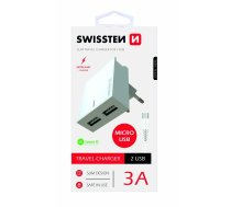 Swissten Smart IC Tīkla Lādētājs 2x USB 3А / 15W Ar Micro USB vadu 1.2m | SW-DET-2.1AWCM-WH  | 8595217463264 | SW-DET-2.1AWCM-WH
